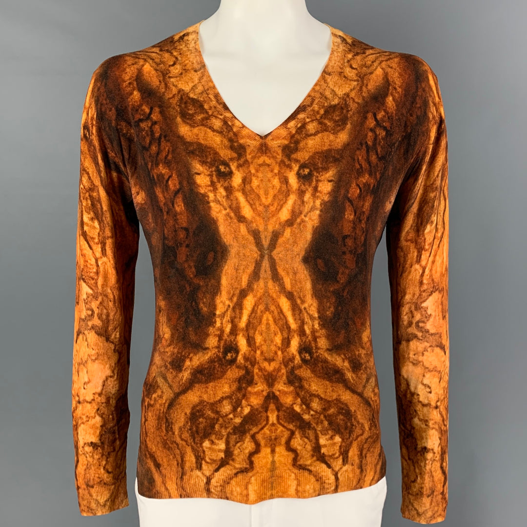 ALEXANDER MCQUEEN Size S Yellow Brown Print Wool Crew-Neck Pullover