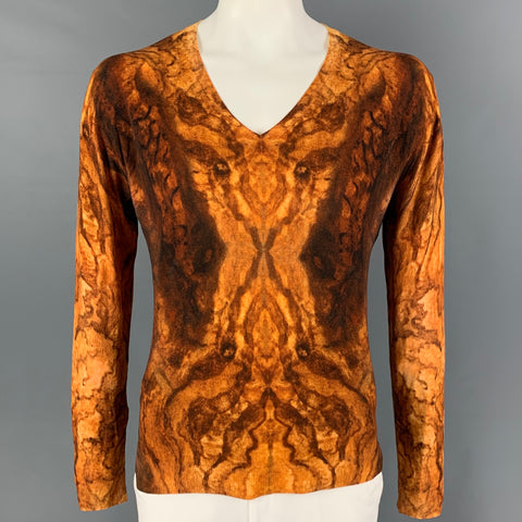 ALEXANDER MCQUEEN Size S Yellow Brown Print Wool Crew-Neck Pullover