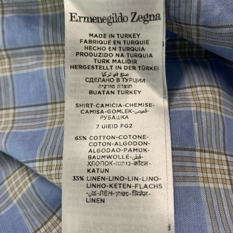 ERMENEGILDO ZEGNA Size M Blue &  Beige Checkered Cotton and Linen Long Sleeve Shirt