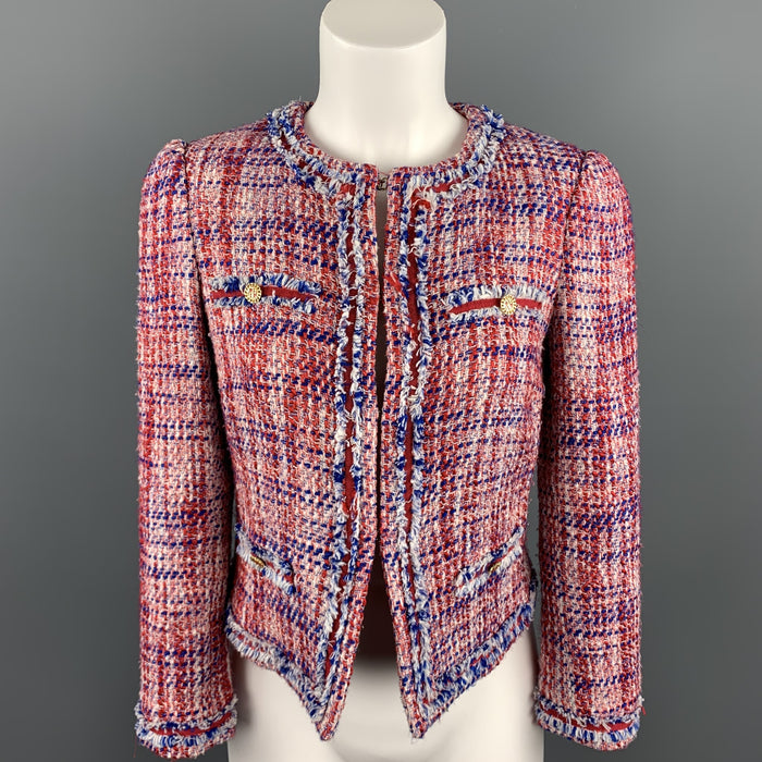 CAROLINA HERRERA Size 4 Red & Blue Boucle Cotton Blend Hook & Eye Jacket