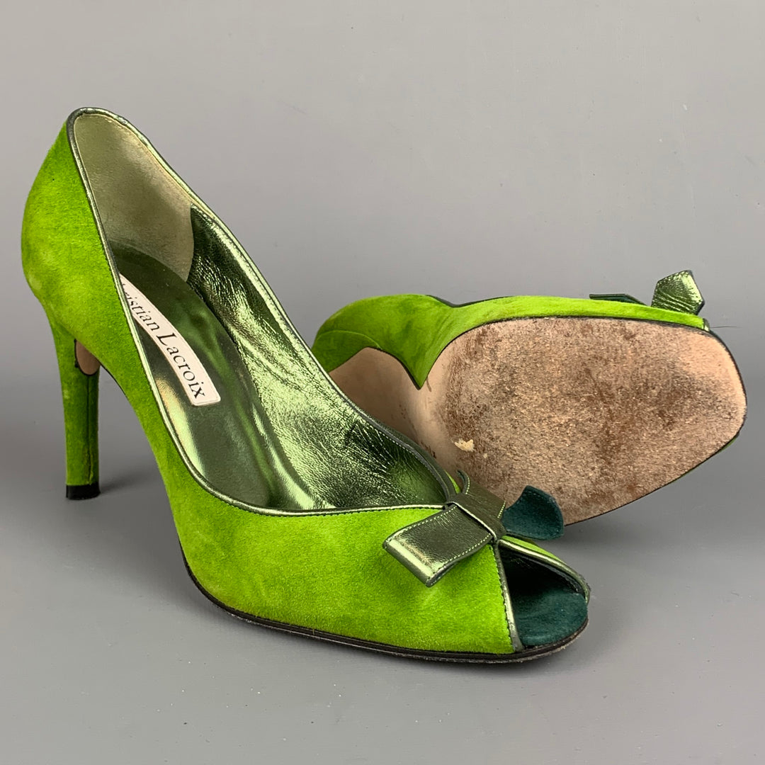 CHRISTIAN LACROIX Size 8 Green Two Toned Suede Bow Pumps