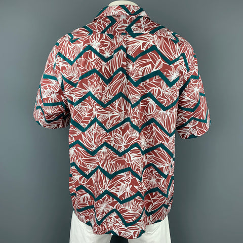 BOSS by HUGO BOSS Size XXL Burgundy & White Zig Zag Cotton Camp Short Sleeve Shirt