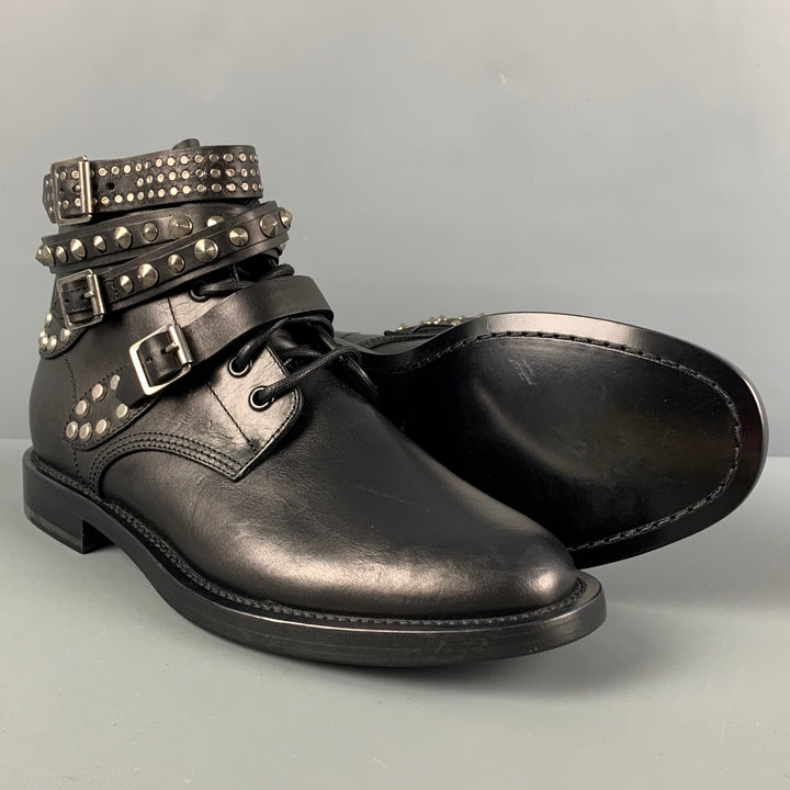 SAINT LAURENT Size 10 Black Leather Studded Ranger Boots