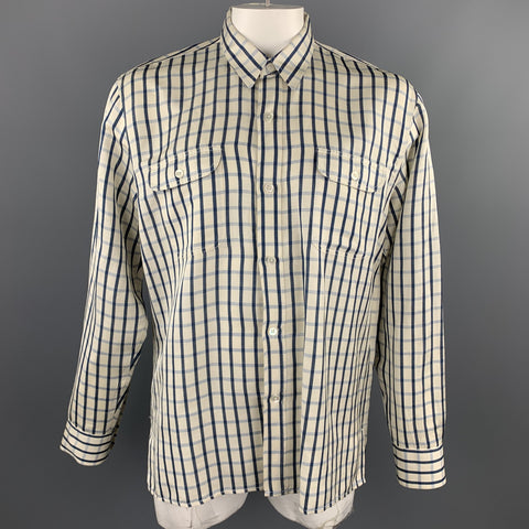 OUR LEGACY Size 42 Cream & Navy Plaid Cotton Patch Flap Pockets Shirt