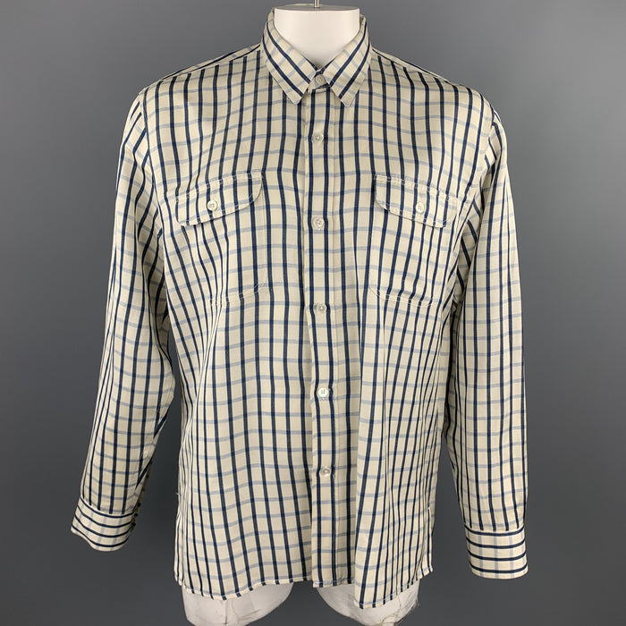 OUR LEGACY Size 42 Cream & Navy Plaid Cotton Patch Flap Pockets Shirt