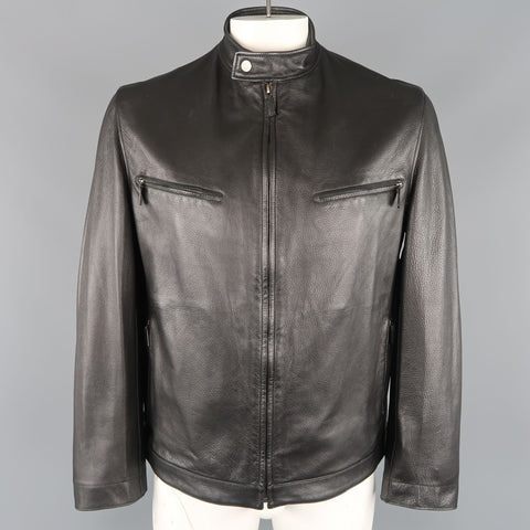 GUCCI 42 Black Textured Leather Zip Up Band Collar Motorcycle Jacket