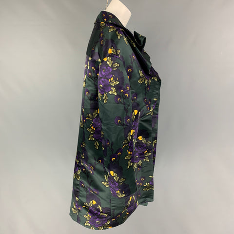 MARNI Size 2 Dark Green Purple Yellow Silk Floral Open Front Coat