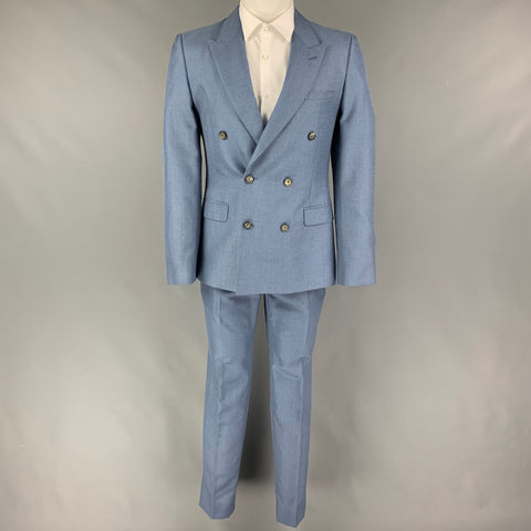 ALEXANDER MCQUEEN Size 38 Blue Mohair Silk Peak Lapel Suit