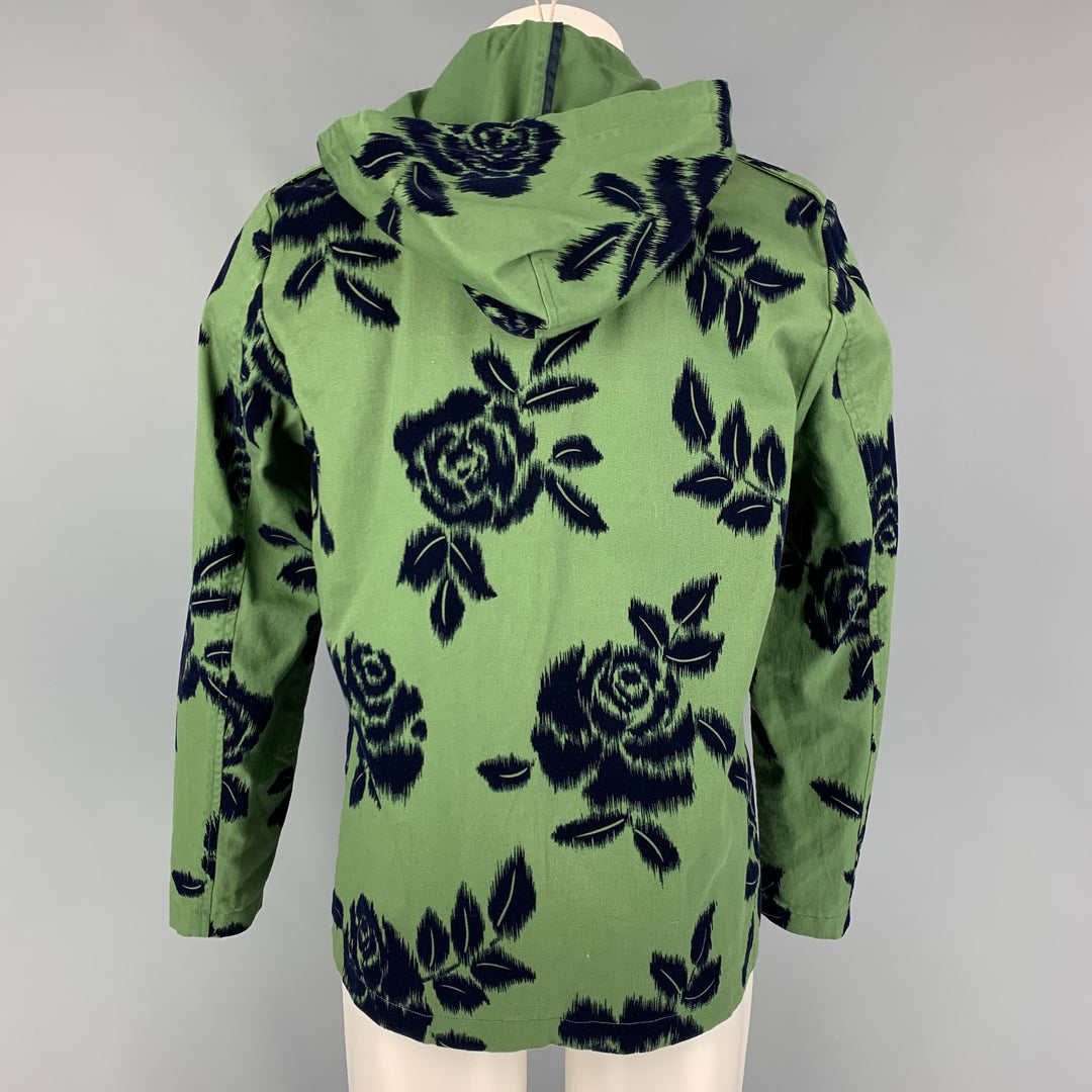 ALESSANDRINI Size M Olive Navy Velvet Floral Cotton Detachable Hood Jacket