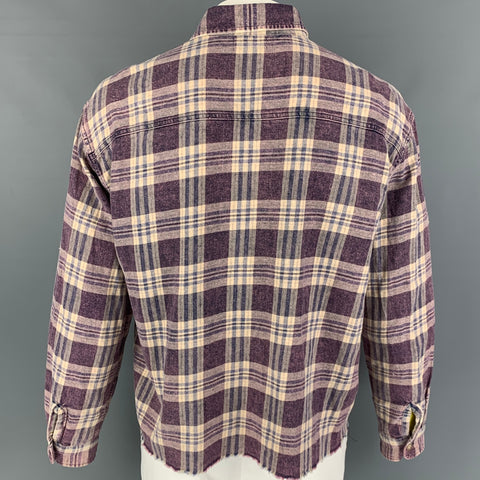 JOHN ELLIOTT Size M Purple Beige Plaid Cotton Cropped Long Sleeve Shirt