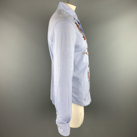 JUST CAVALLI Size XL Light Blue Embellishment Cotton Button Up Long Sleeve Shirt