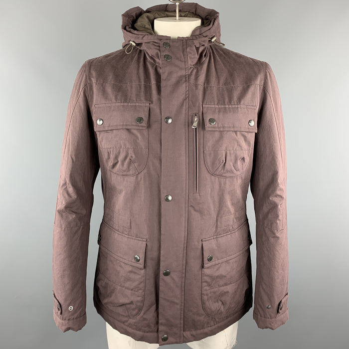 BRUNELLO CUCINELLI Size L Plum Cotton Blend Hooded Patch Pockets Zip & Snaps Jacket