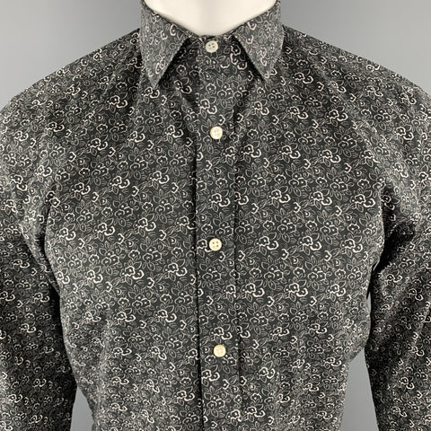 RALPH LAUREN BLACK LABEL Size S Black & White Floral Print Cotton Shirt