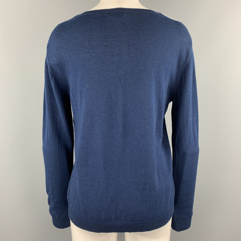 DRIES VAN NOTEN Size S Navy & cream Cotton Wool Blend V Neck Pullover