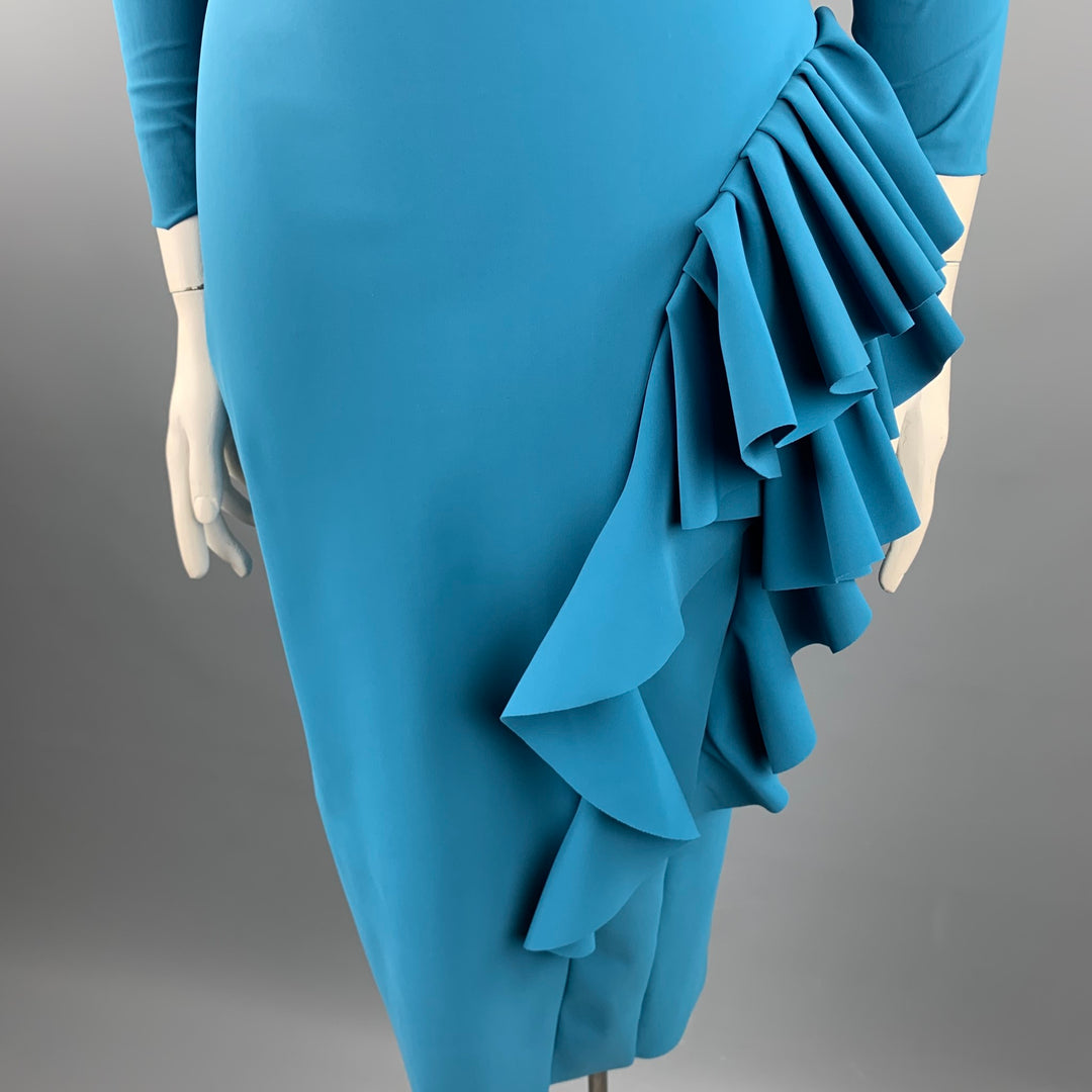 CHIARA BONI Size 14 Teal Polyamide Mid-Calf Ruffle Cocktail Dress