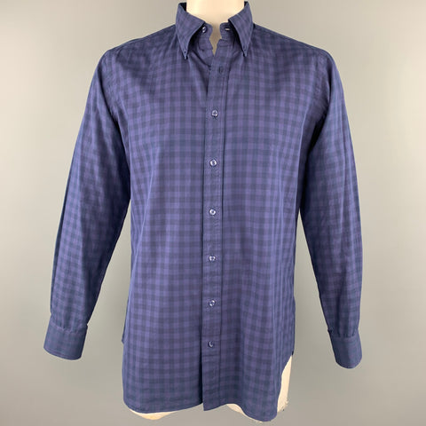 HAMILTON Size L Navy Checkered Cotton Button Down Long Sleeve Shirt