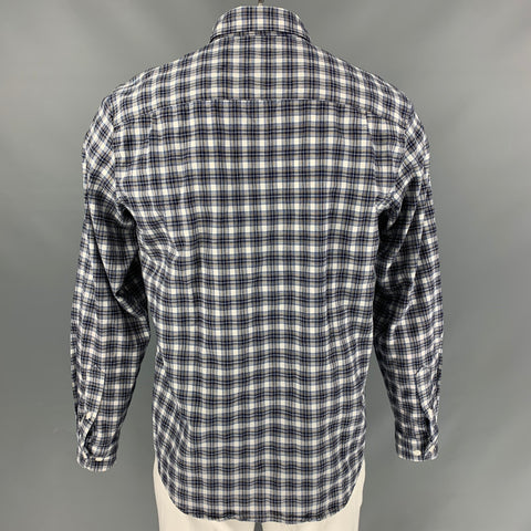 PENDLETON Size L Navy &  White Plaid Virgin Wool and Lycra Long Sleeve Shirt