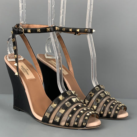 VALENTINO Size 8.5 Black Leather Rockstud Ankle Strap Wedges