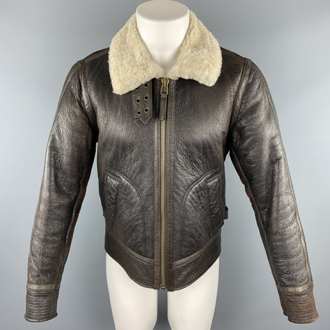 VINCE Chaqueta de piel de oveja con cremallera completa marrón talla S