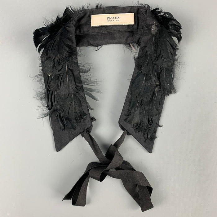 PRADA Black Fabric Feathers Tie Up Collar