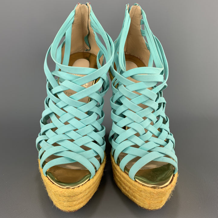 CHRISTIAN LOUBOUTIN 7 Turquoise Suede Woven Yellow Braided Platform Wedge Sandals