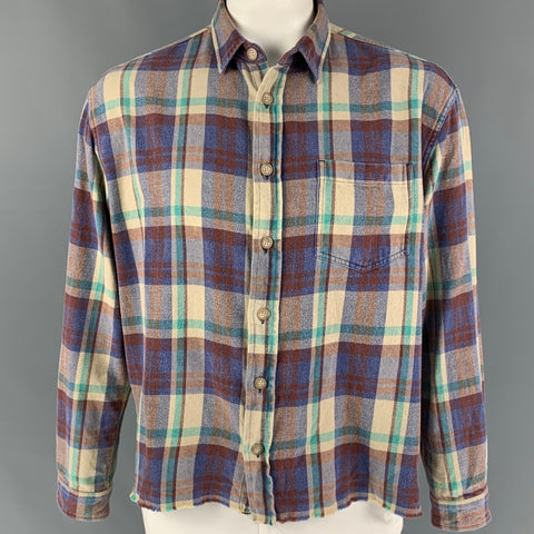 JOHN ELLIOTT Size L Multi-Color Plaid Brushed Cotton Cropped Long Sleeve Shirt