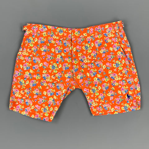 POLO by RALPH LAUREN Size 30 Orange Floral Cotton / Nylon Zip Fly Swim Trunks