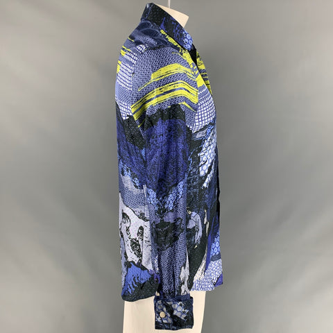 JUST CAVALLI Size L Navy & Yellow Print Silk French Cuff Long Sleeve Shirt
