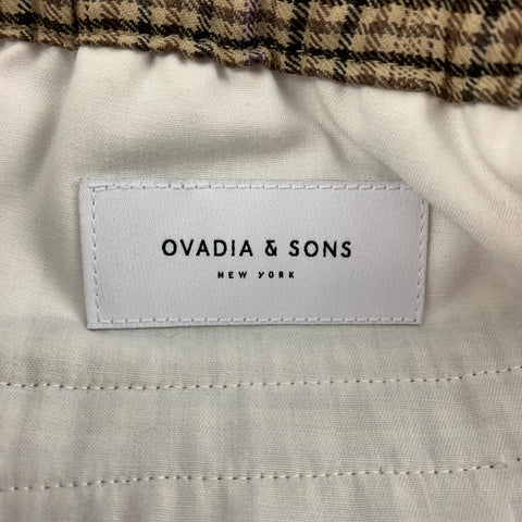 OVADIA & SONS Size 32 Khaki Brown Plaid Wool Elastic Waistband Dress Pants