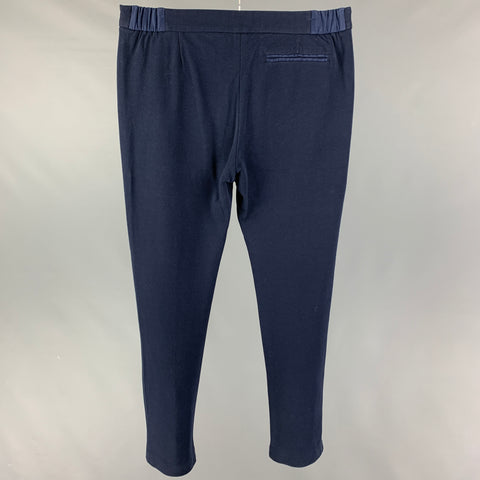 L'ESTRANGE Size L Navy Textured Cotton Polyamide Flat Front Casual Pants