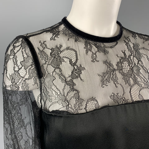 EMANUEL UNGARO Size 2 Black Lace Satin Stripe Panel Blouse