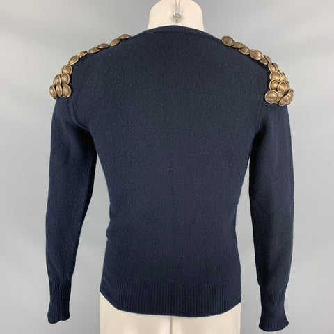 BURBERRY PRORSUM Fall Winter 2010 Size XS Navy Knitted Wool Crew-Neck Gold Tone Button Epaulettes Sweater