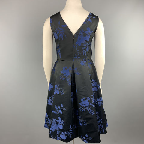 OSCAR DE LA RENTA Size 12 Black & Blue Floral Satin Sleeveless Cocktail Dress