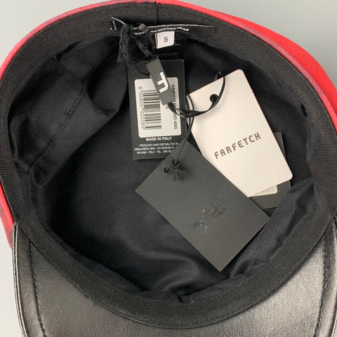 DSQUARED2 Size S Red & Black Cotton Leather Biker Hat