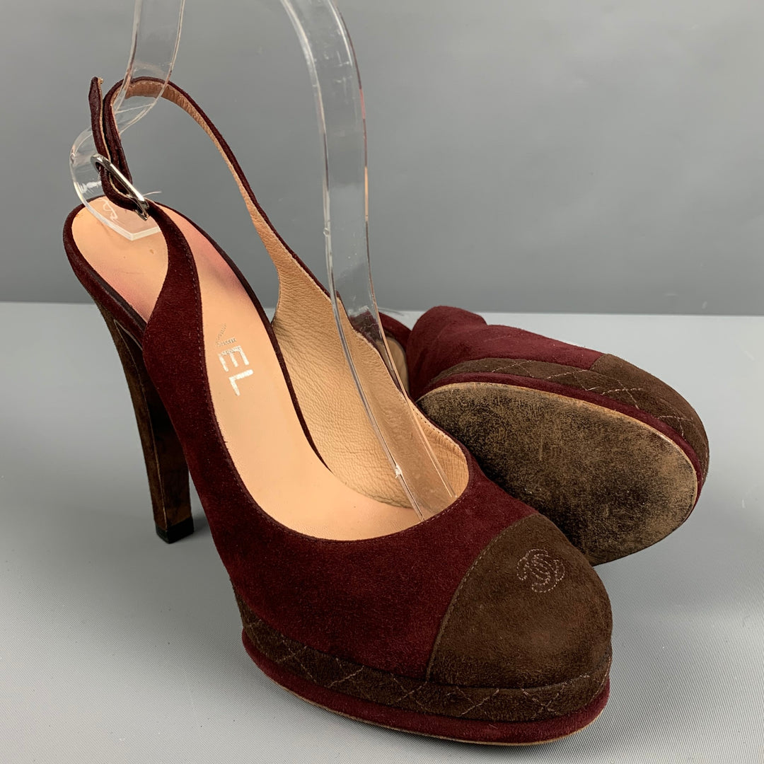 CHANEL Size 7.5 Burgundy Brown Suede Slingback Pumps