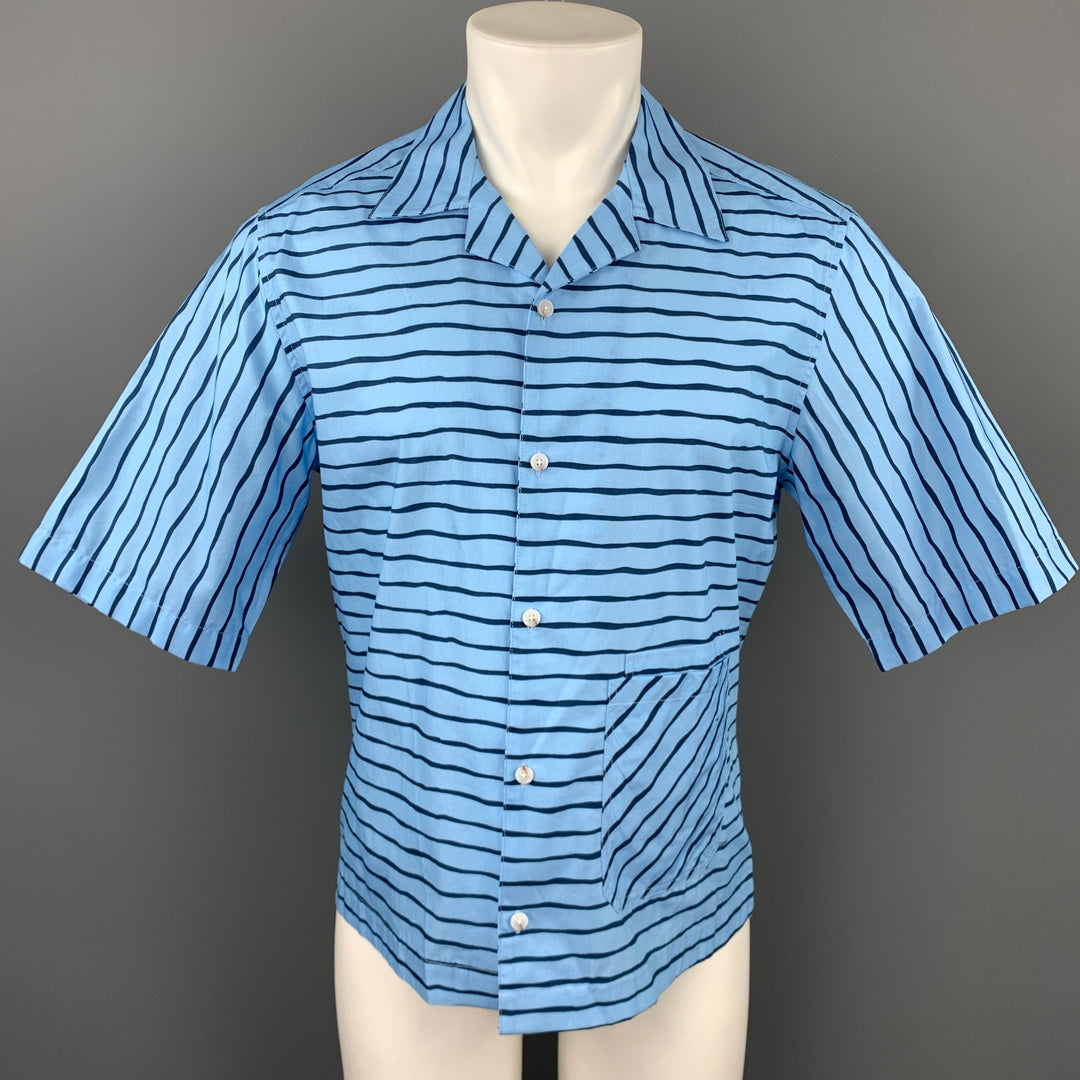 BAND OF OUTSIDERS Size M Blue & Navy Stripe Cotton Camp Short Sleeve Shirt