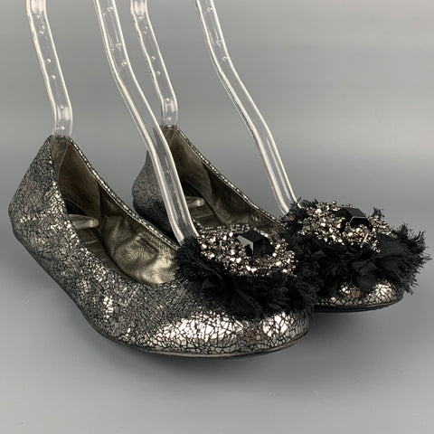 TORY BURCH Size 7.5 Silver Leather Embellishment Ballet Flats