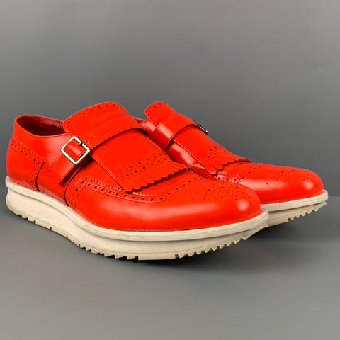 PRADA Size 11 Orange Perforated Leather Monk Strap Loafers
