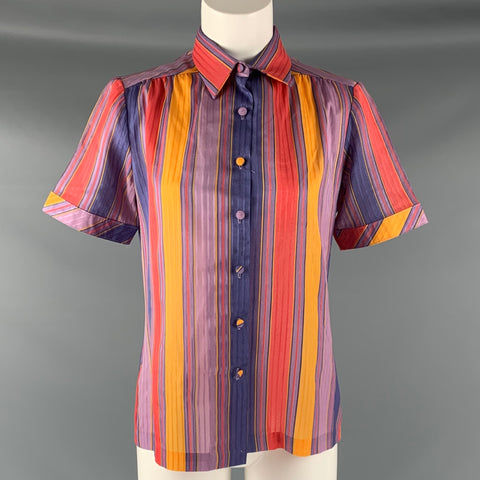 LANVIN Taille 10 Haut décontracté à manches courtes à rayures orange violet