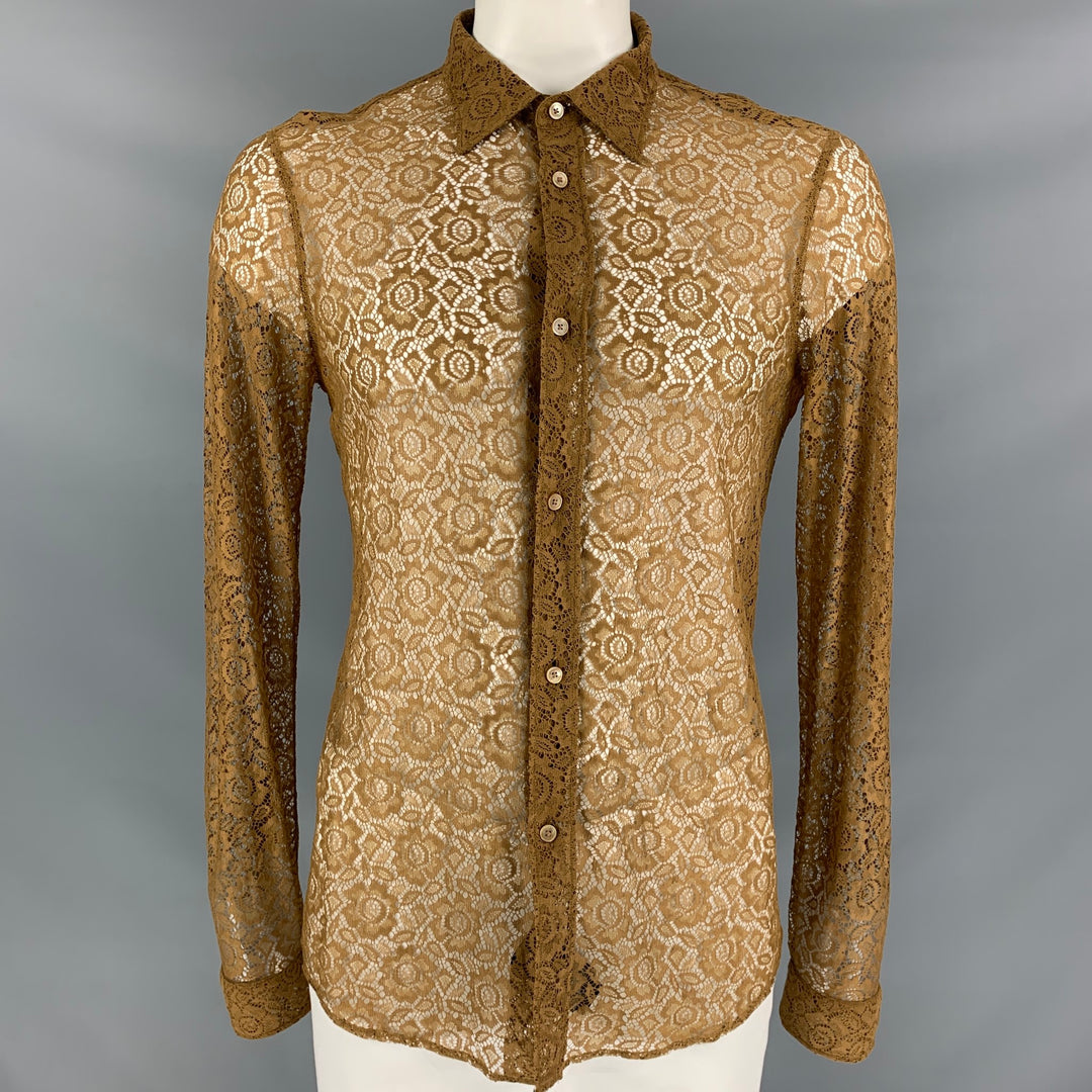 BURBERRY PRORSUM Spring 2016 Size L Brown Floral Lace Button Down Long Sleeve Shirt
