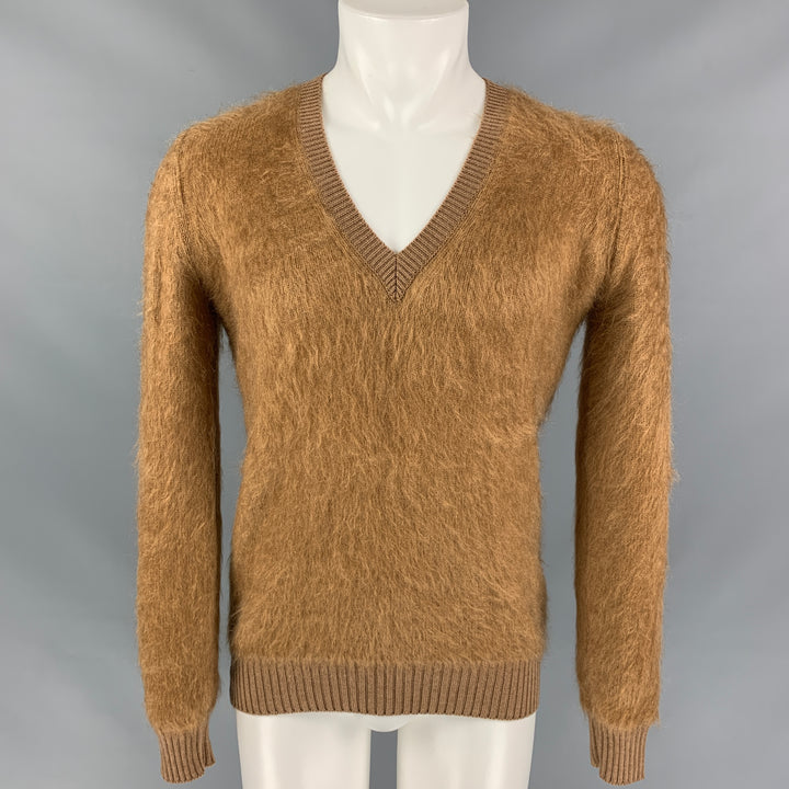 BURBERRY PRORSUM Pre-Fall 2011 Size S Camel Textured Merino Wool / Mohair V-Neck Sweater