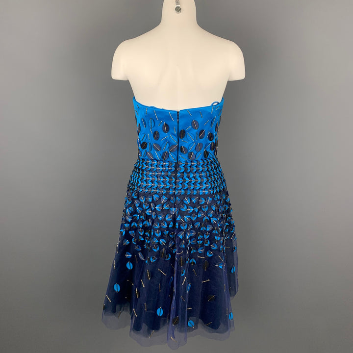 CAROLINA HERRERA Size 6 Royal Blue & Navy Cotton / Polyester Strapless A-Line Dress