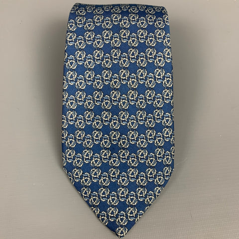 HERMES 792 MA  Blue & Cream Knot Print Silk Tie