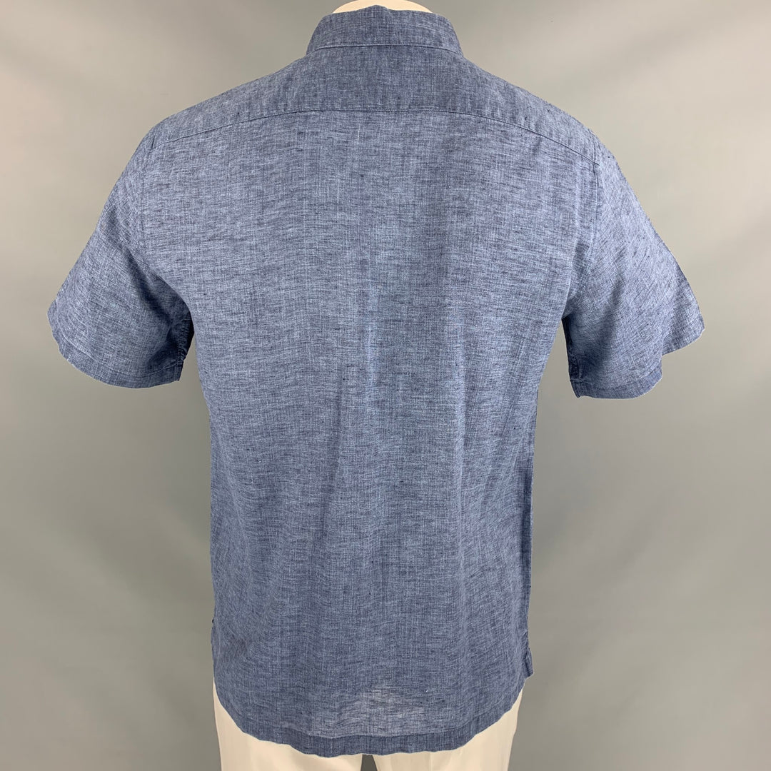 THEORY Size L Blue Linen Button Down Short Sleeve Shirt