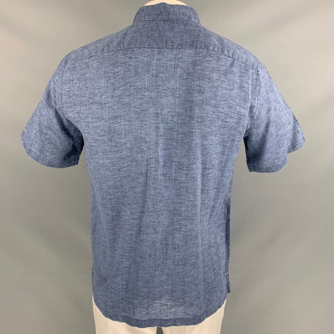 THEORY Size L Blue Linen Button Down Short Sleeve Shirt