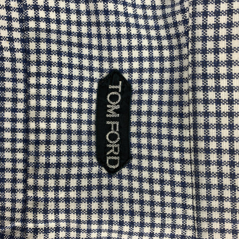 TOM FORD Size XL Navy & White Window Pane Cotton Button Up Long Sleeve Shirt