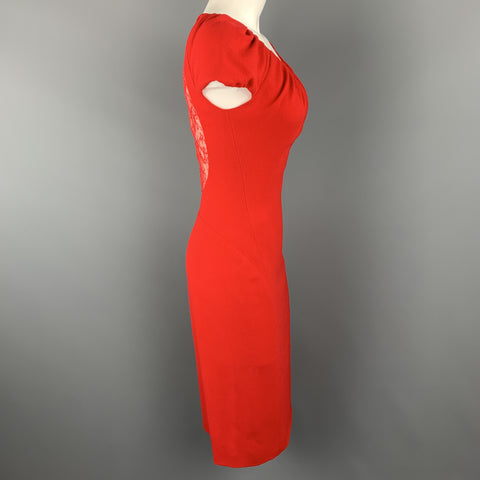 REEM ACRA Size 4 Red Silk Crepe Ruched Collar Lace Back Sheath Dress
