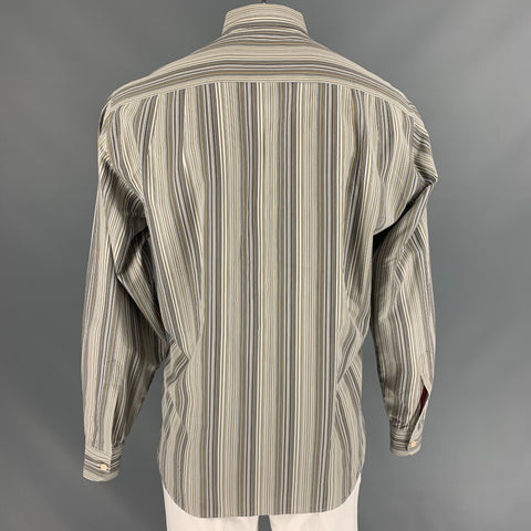 ERMENEGILDO ZEGNA Size L Taupe & Blue Stripe Cotton &  Silk Long Sleeve Shirt