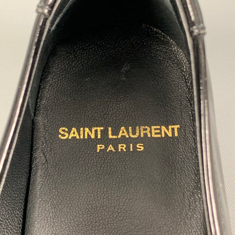 SAINT LAURENT Talla 7.5 Mocasines Penny con monograma de charol negro
