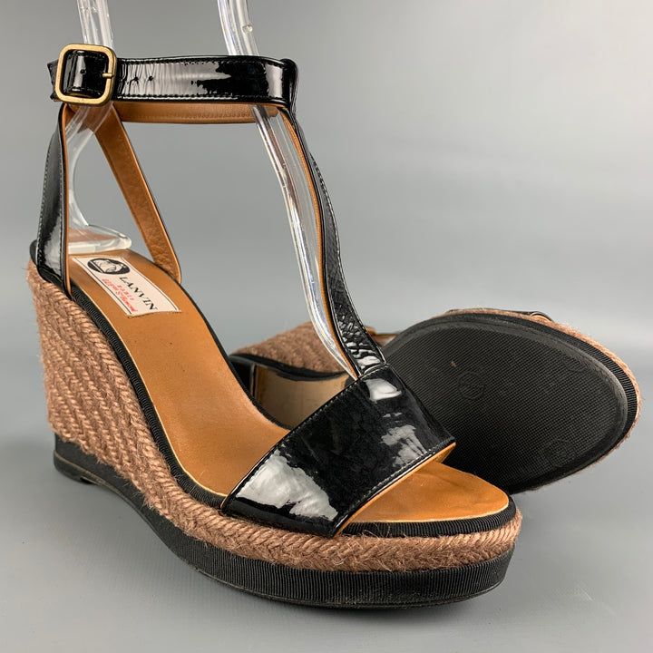 LANVIN Size 8 Black & Tan Patent Leather Espadrille Wedge Sandals